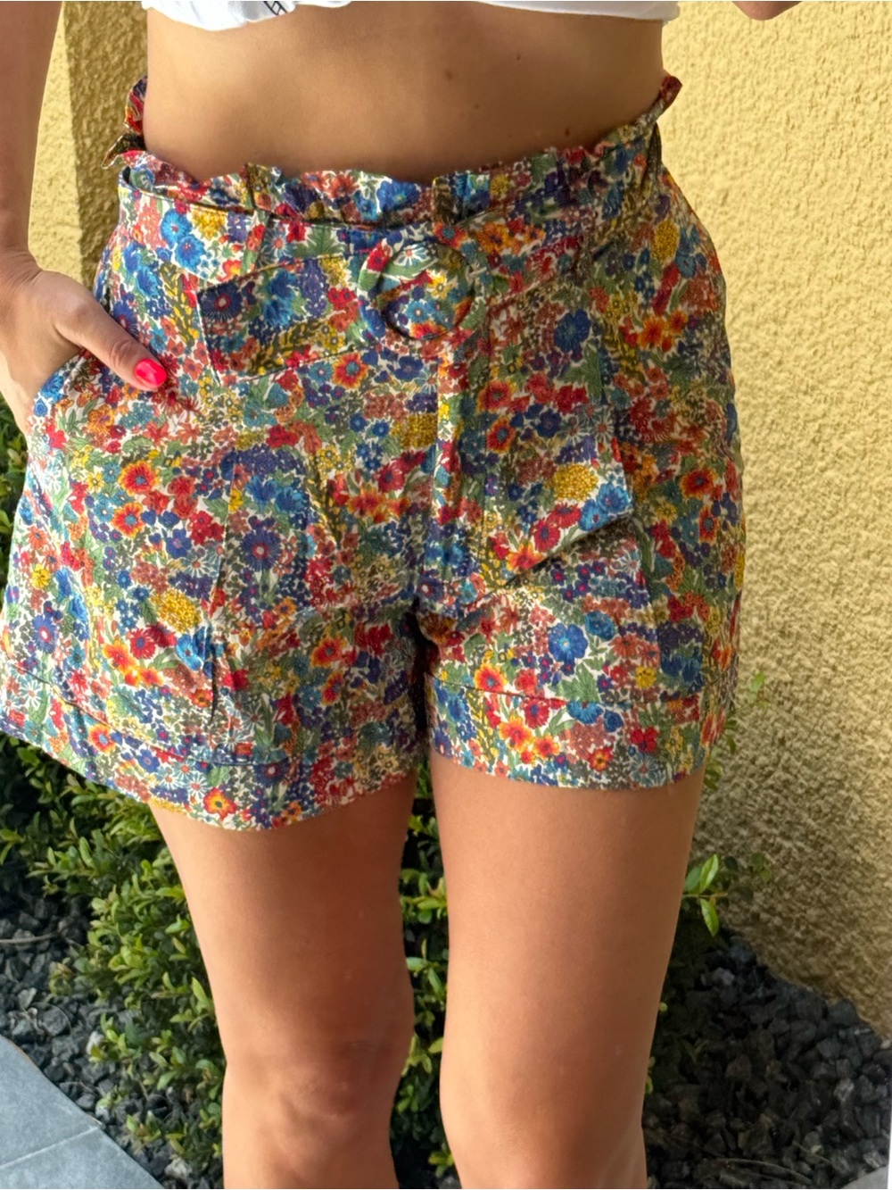 J. Crew Floral Tie-Waist High Waist Shorts - Blue, Red, Yellow, Green, Cream